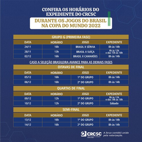 Confira os horários de expediente do CRCSC durante a Copa do Mundo 2022 