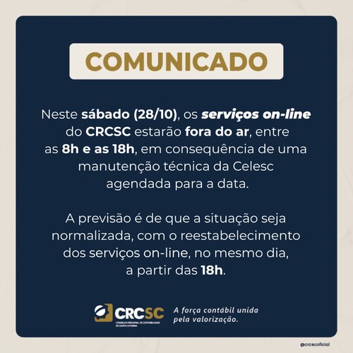 Serviços on-line do CRCSC estarão indisponíveis neste sábado (28), entre as 8h e as 18h